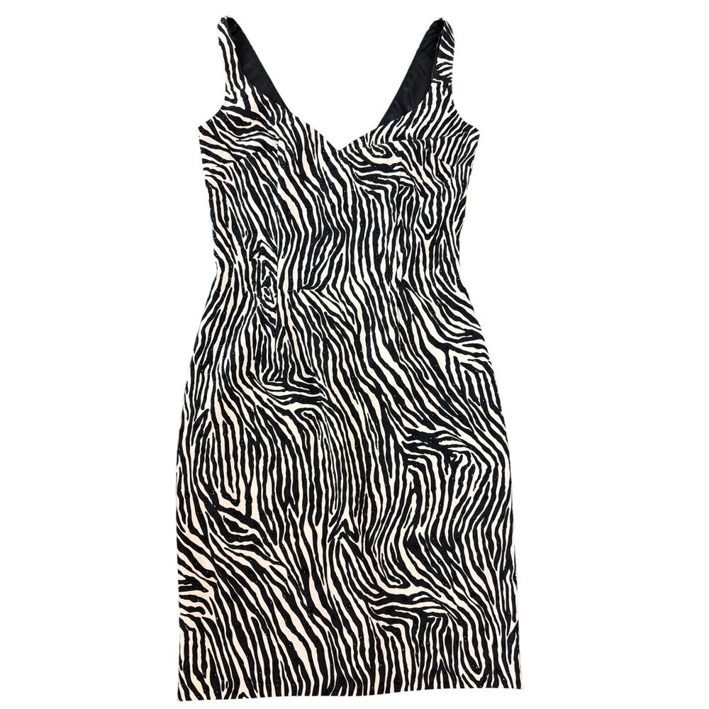Caché Zebra Print Beaded Bodycon Mini Dress Size 6 Y2K Black White Going Out